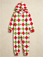 Cartoon Face Argyle Diamond Red & Green Christmas Women Hooded Onesie - Zip-Up Loungewear