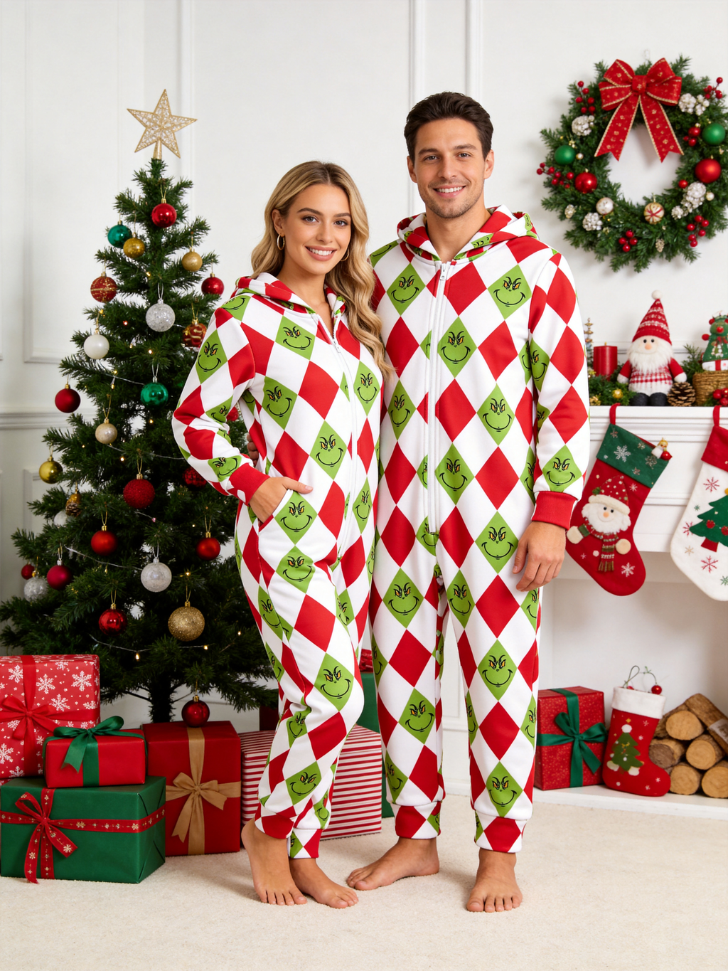 Cartoon Face Argyle Diamond Red & Green Christmas Family Hooded Onesie - Zip-Up Loungewear