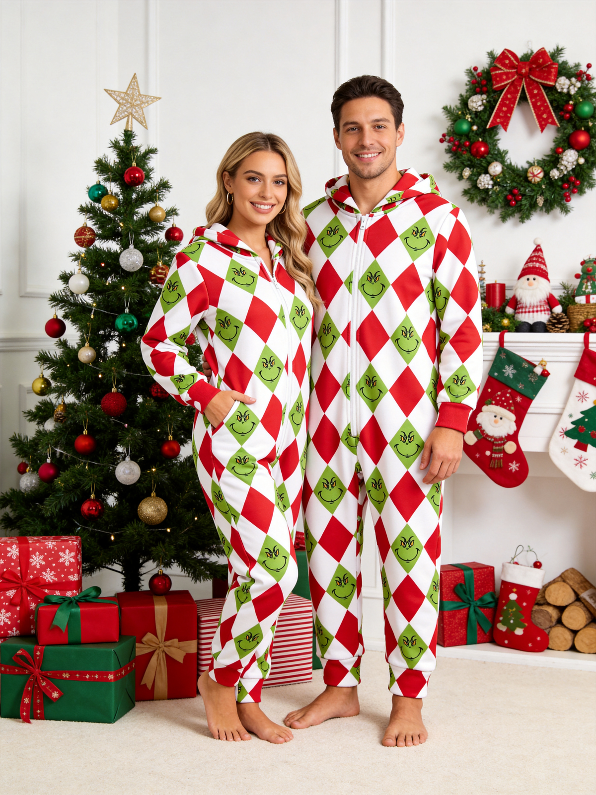 Cartoon Face Argyle Diamond Red & Green Christmas Family Hooded Onesie - Zip-Up Loungewear