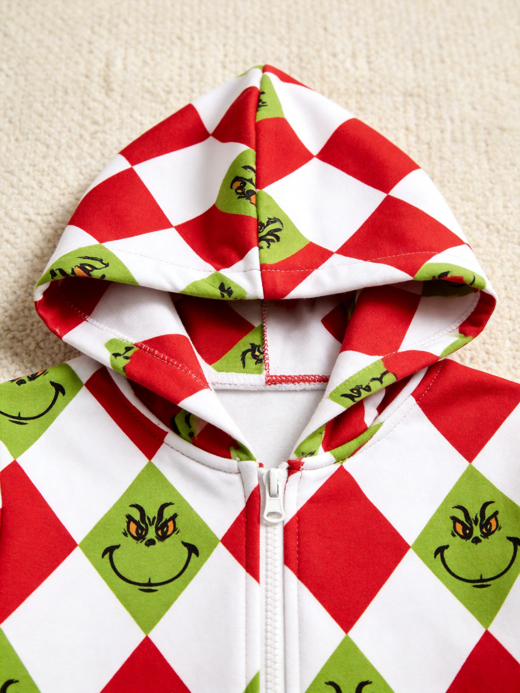 Cartoon Face Argyle Diamond Red & Green Christmas Family Hooded Onesie - Zip-Up Loungewear