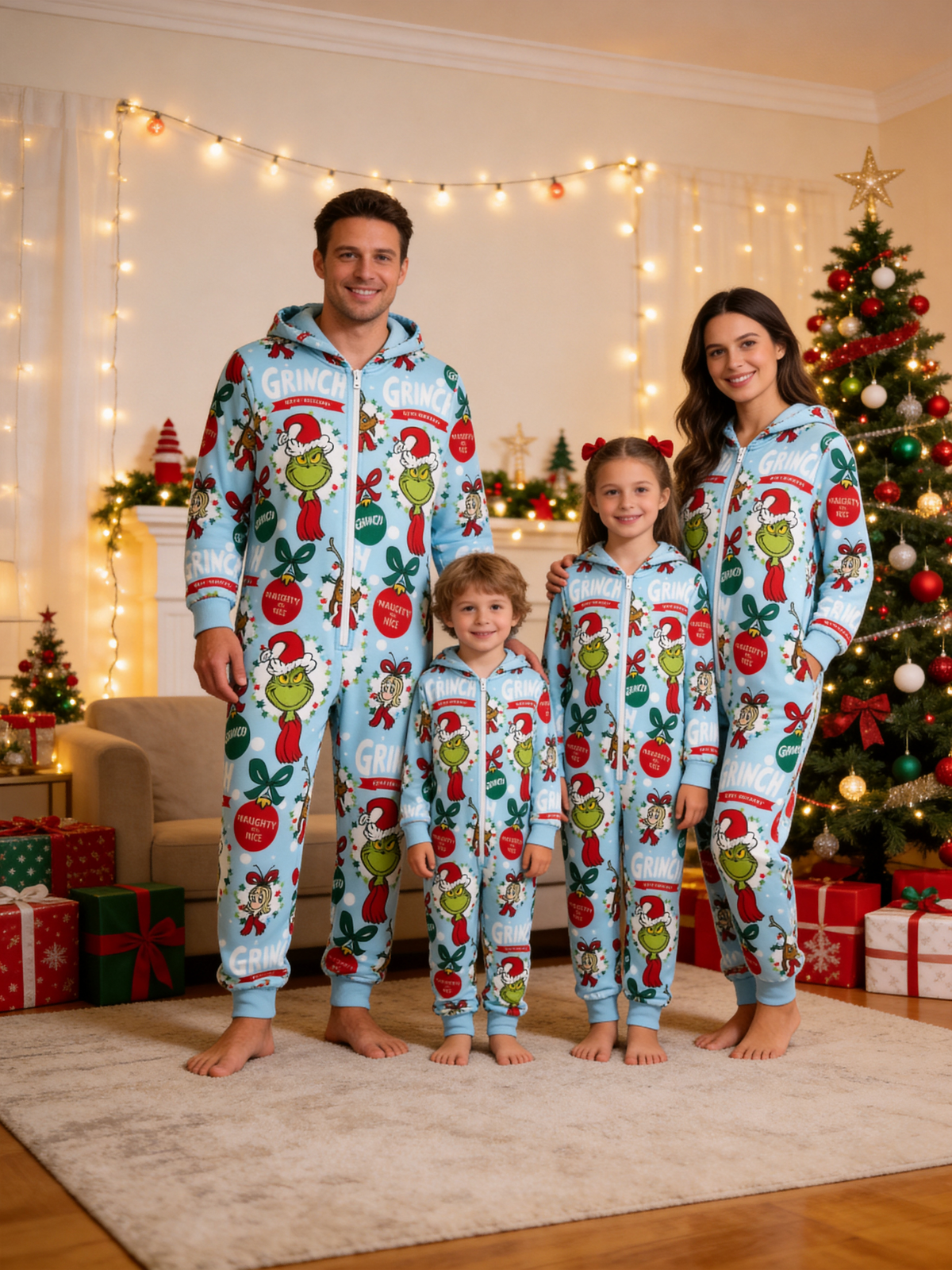 Cartoon Character 'Naughty or Nice' Blue Christmas Family Hooded Onesie - Zip-Up Loungewear