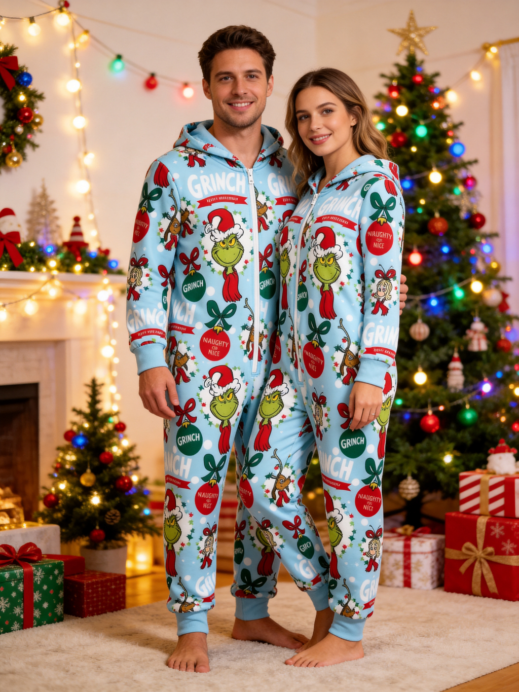 Cartoon Character 'Naughty or Nice' Blue Christmas Family Hooded Onesie - Zip-Up Loungewear