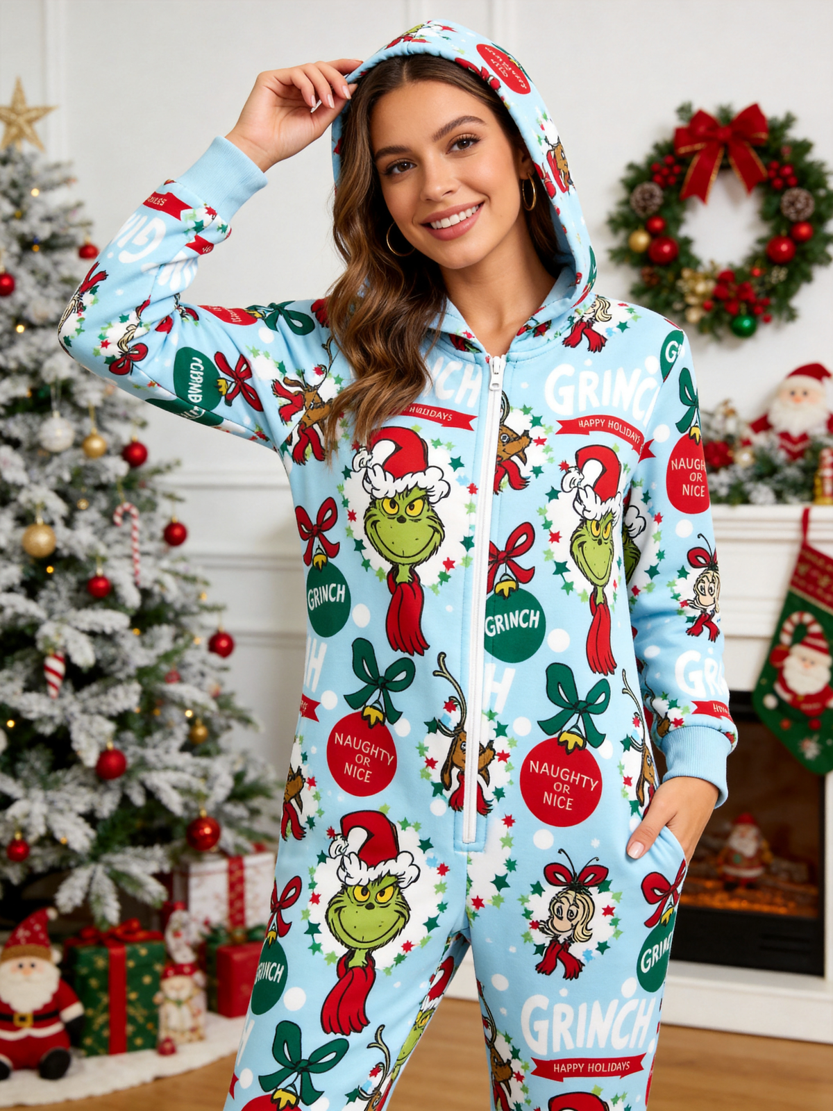 Cartoon Character 'Naughty or Nice' Blue Christmas Family Hooded Onesie - Zip-Up Loungewear