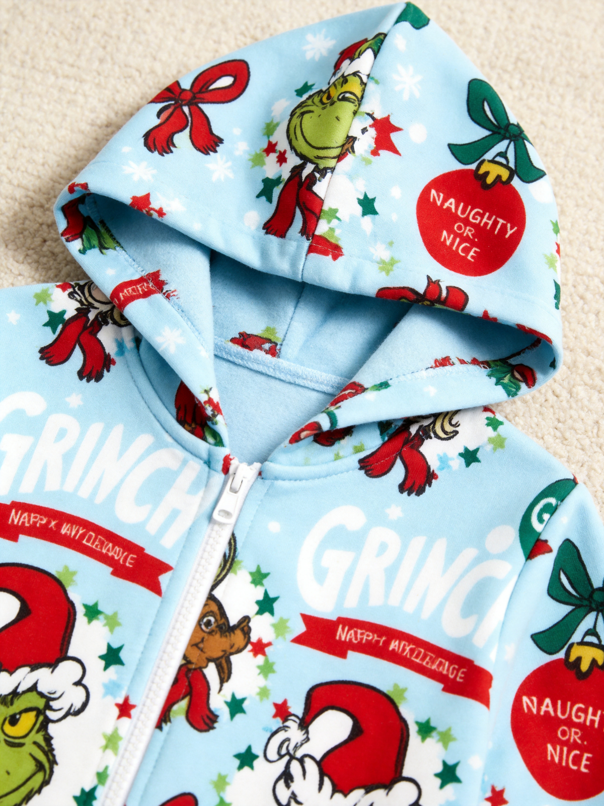 Cartoon Character 'Naughty or Nice' Blue Christmas Family Hooded Onesie - Zip-Up Loungewear