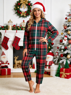 Traditional Red & Green Plaid Hooded Holiday Jumpsuit Sleepwear