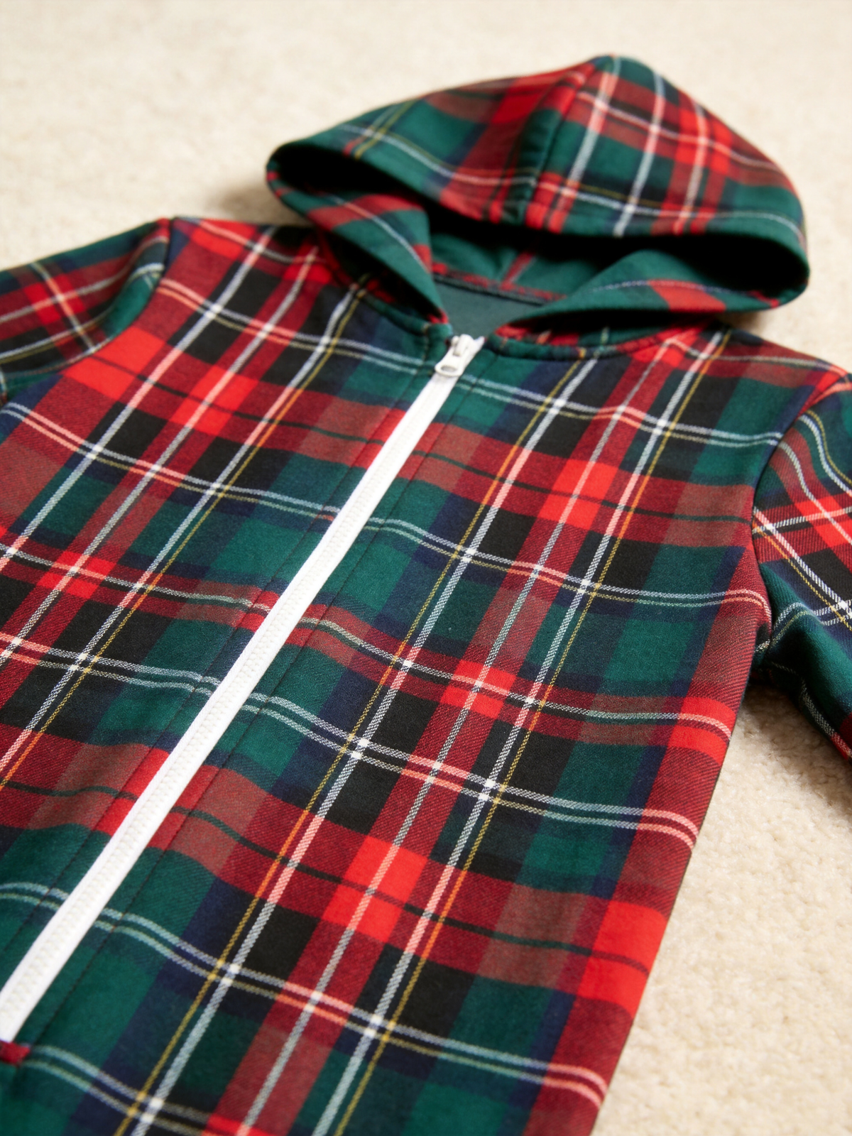 Traditional Red & Green Plaid Hooded Holiday Jumpsuit Sleepwear