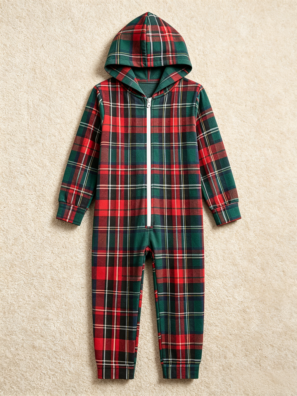Traditional Red & Green Plaid Hooded Holiday Jumpsuit Women Sleepwear