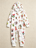 Cartoon Character & Festive Montage Cream Christmas Family Hooded Onesie - Zip-Up Loungewear