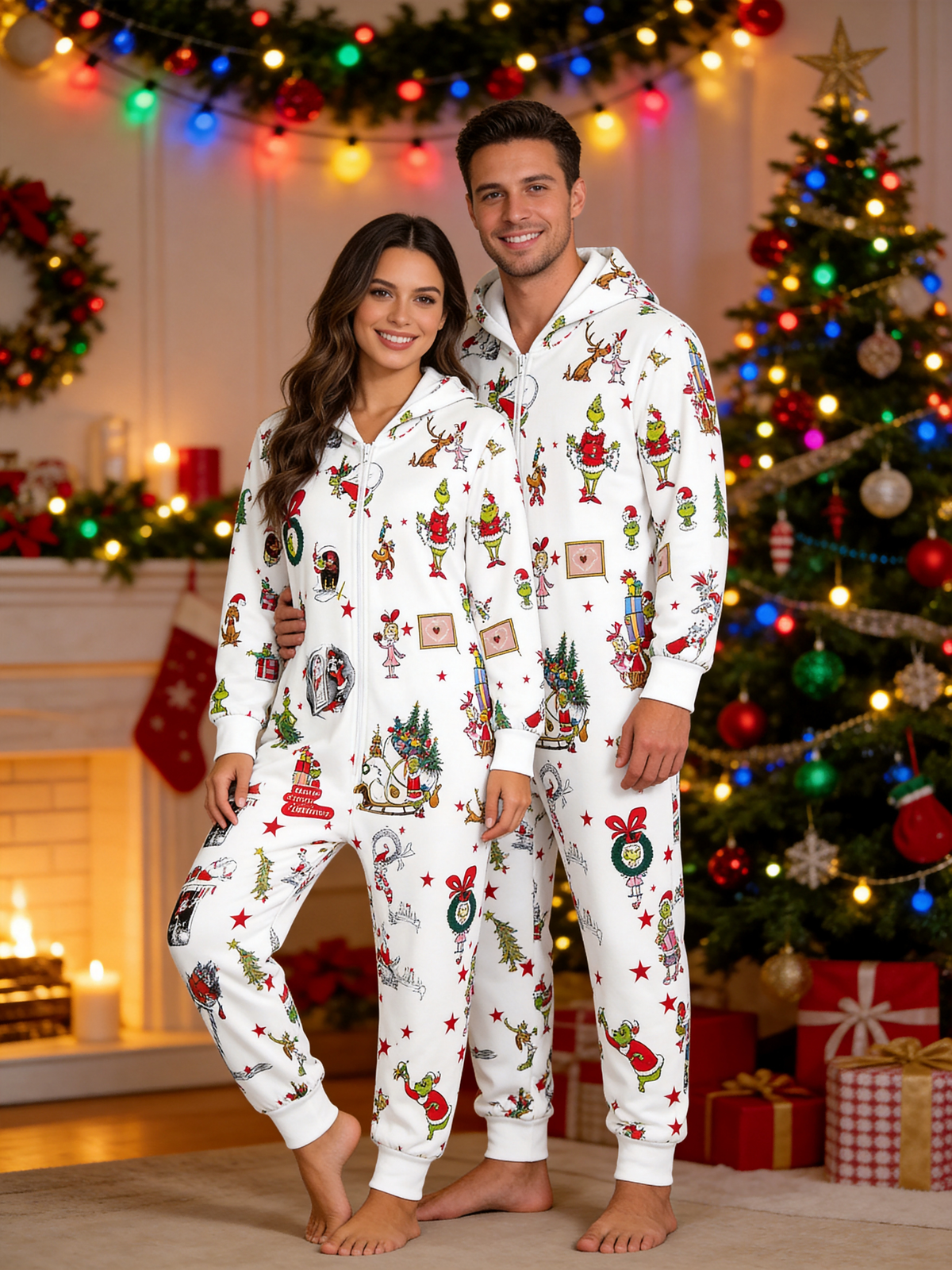 Cartoon Character & Festive Montage Cream Christmas Family Hooded Onesie - Zip-Up Loungewear