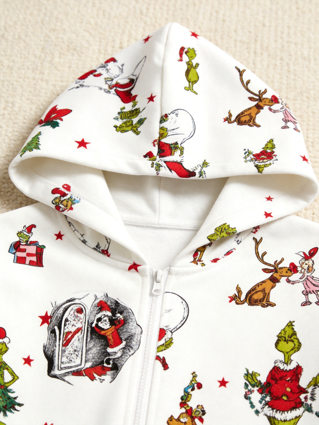 Cartoon Character & Festive Montage Cream Christmas Family Hooded Onesie - Zip-Up Loungewear