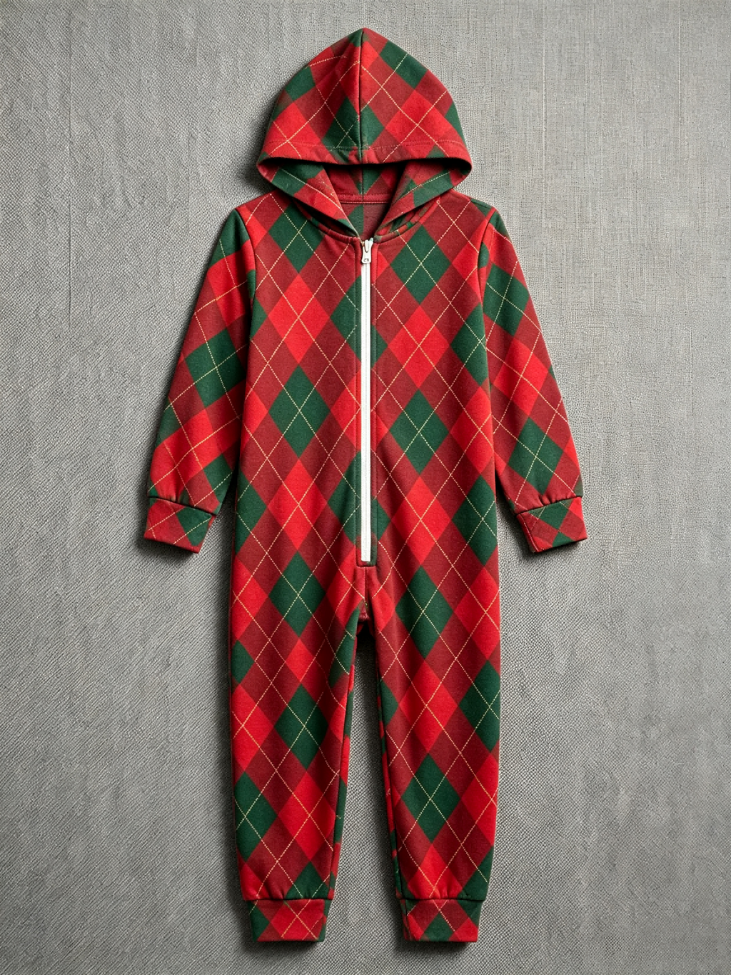 Red & Green Argyle Diamond Plaid Hooded Christmas Jumpsuit Pajama