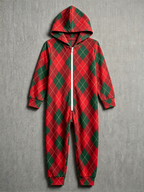 Red & Green Argyle Diamond Plaid Hooded Christmas Jumpsuit Pajama