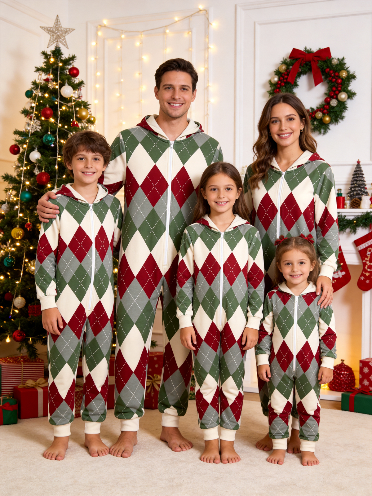 Women Zip-Up Loungewear with Hood - Vintage Multi-Color Argyle Holiday Hooded Onesie