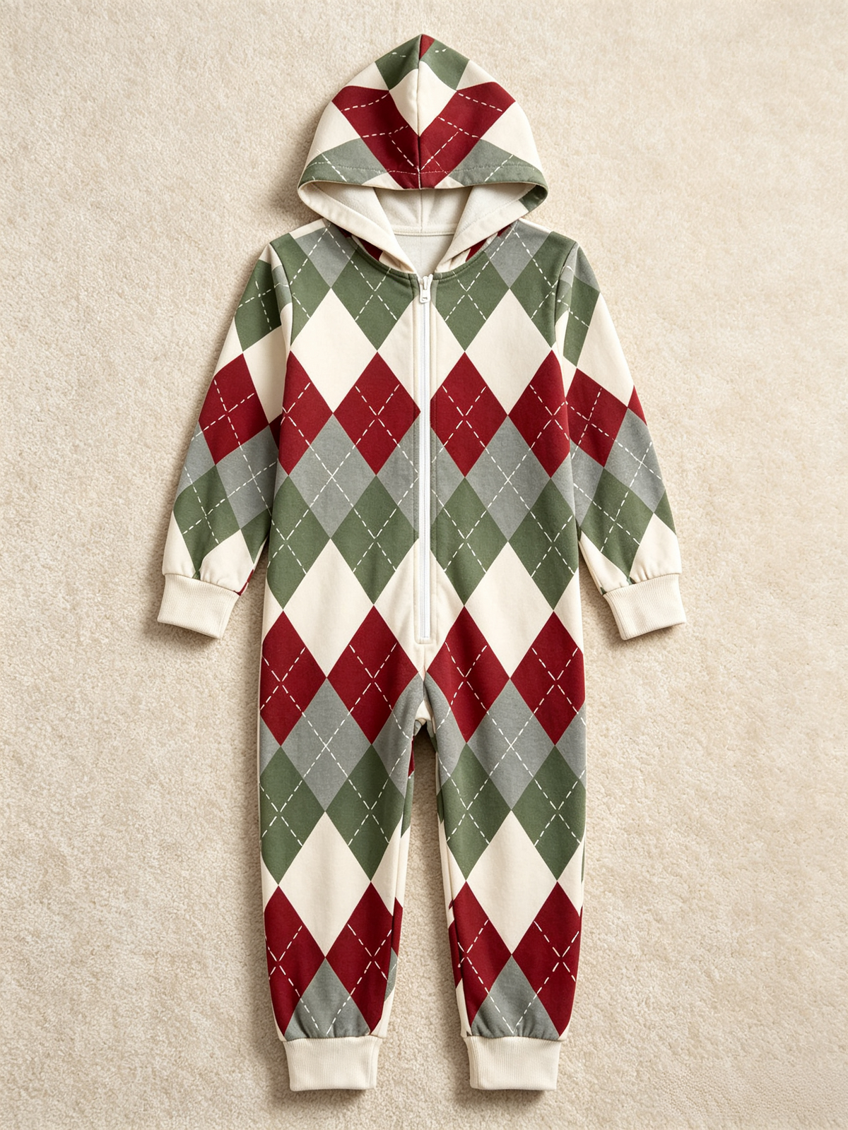 Women Zip-Up Loungewear with Hood - Vintage Multi-Color Argyle Holiday Hooded Onesie
