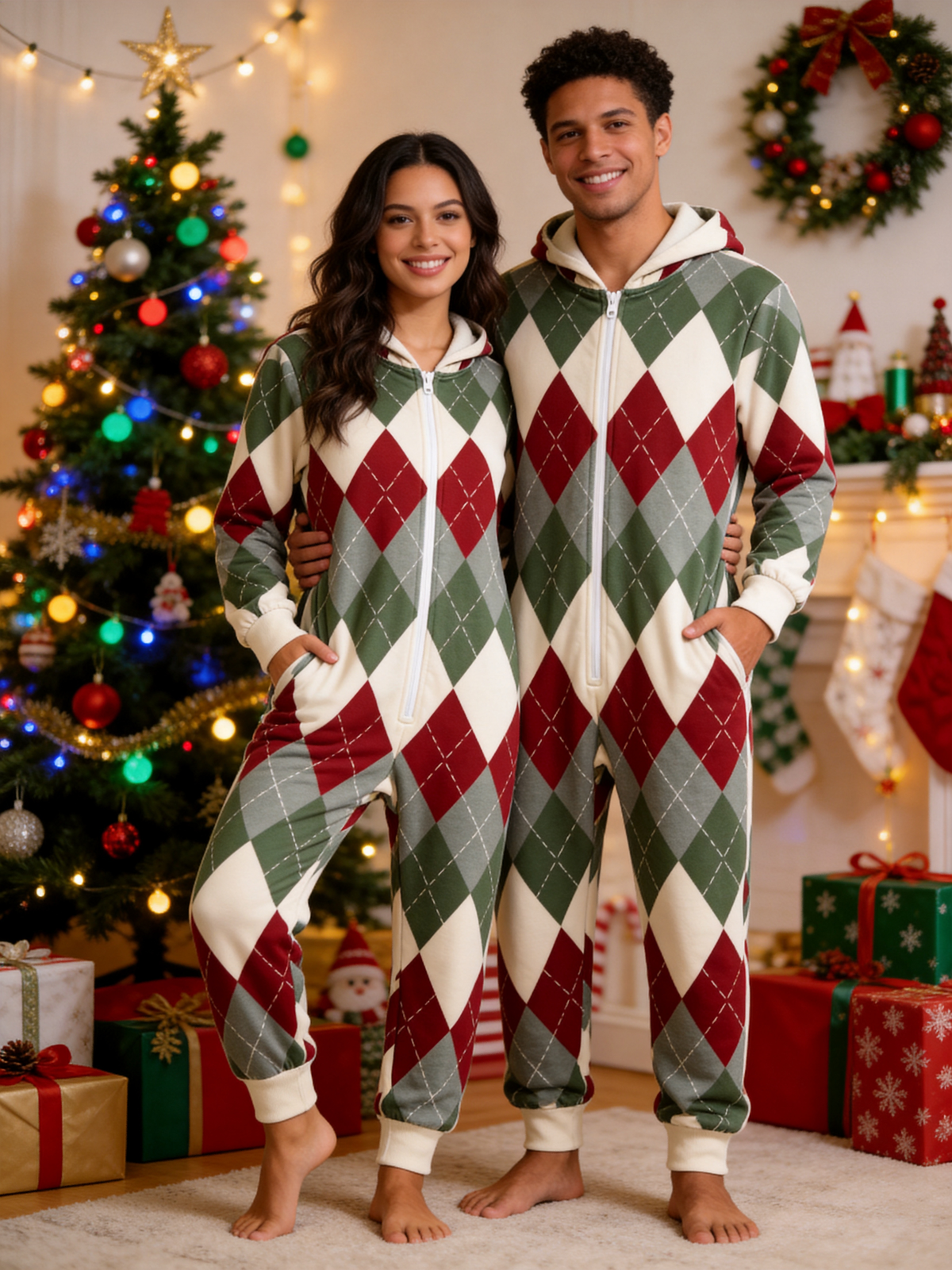 Women Zip-Up Loungewear with Hood - Vintage Multi-Color Argyle Holiday Hooded Onesie