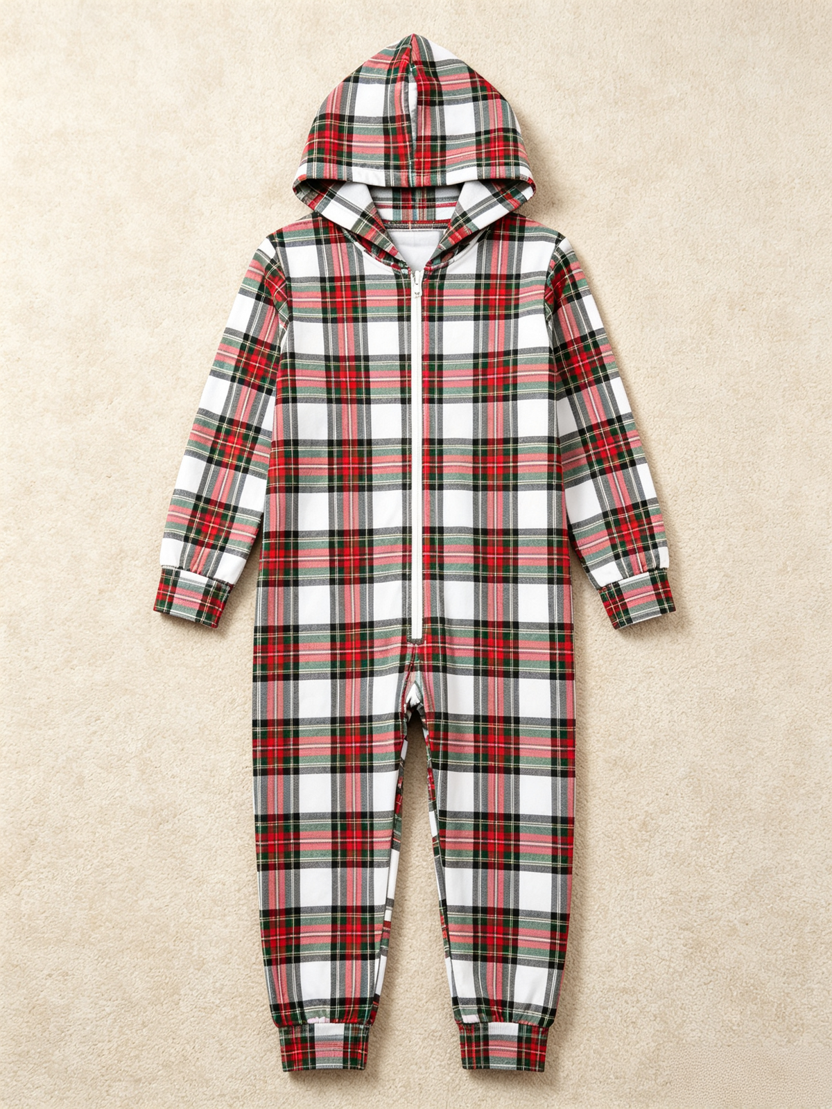 Women Zip-Up Loungewear with Hood - White Tartan Plaid Christmas Sleepwear Hooded Onesie
