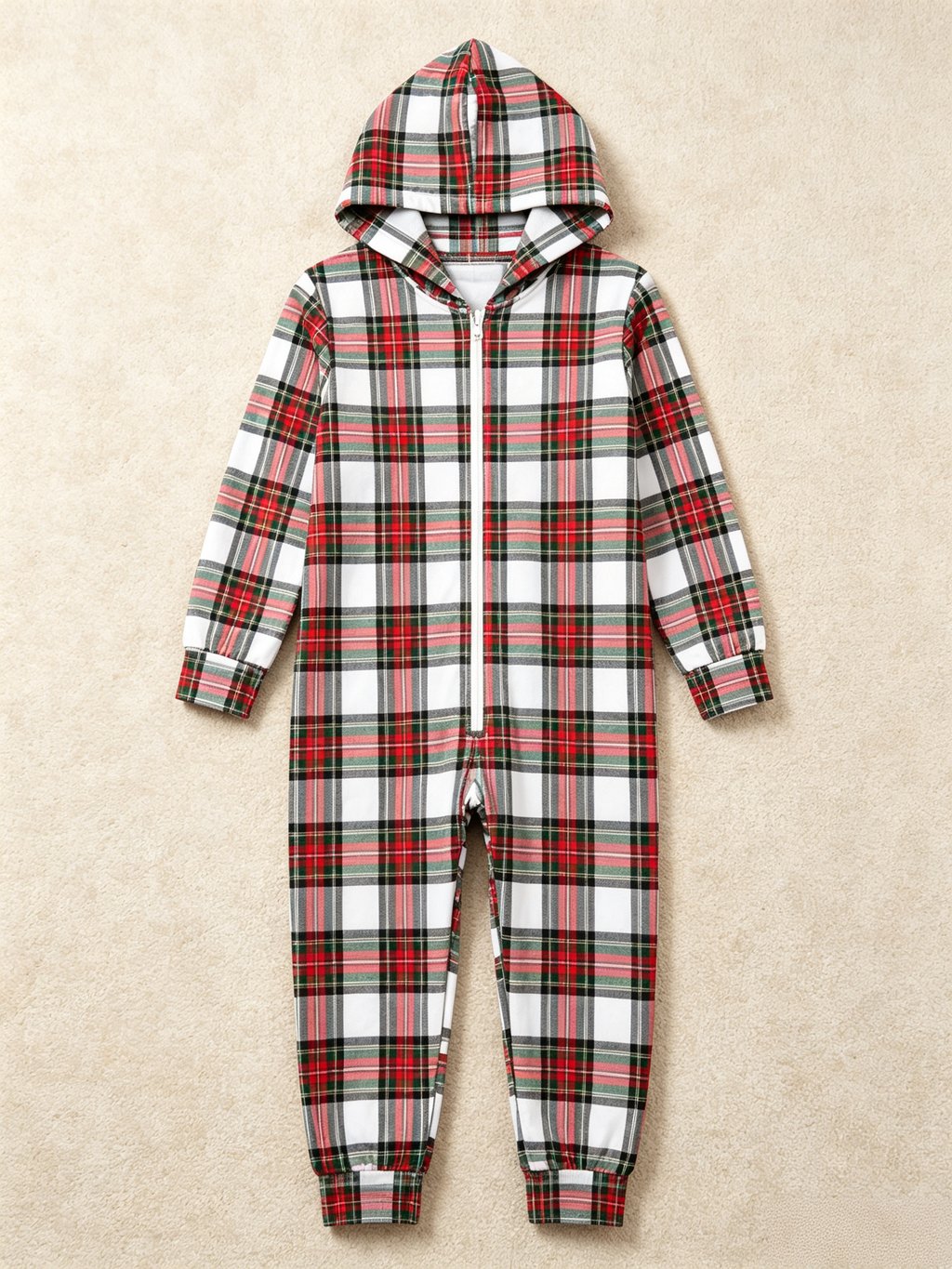 Family Matching Zip-Up Loungewear with Hood - White Tartan Plaid Christmas Sleepwear Hooded Onesie
