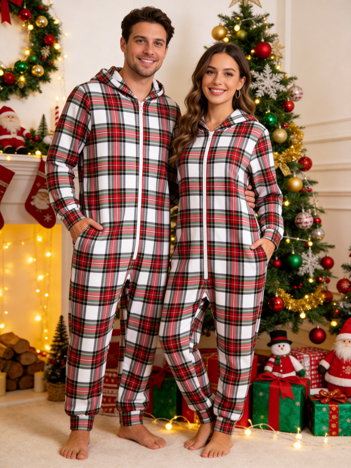 Women Zip-Up Loungewear with Hood - White Tartan Plaid Christmas Sleepwear Hooded Onesie