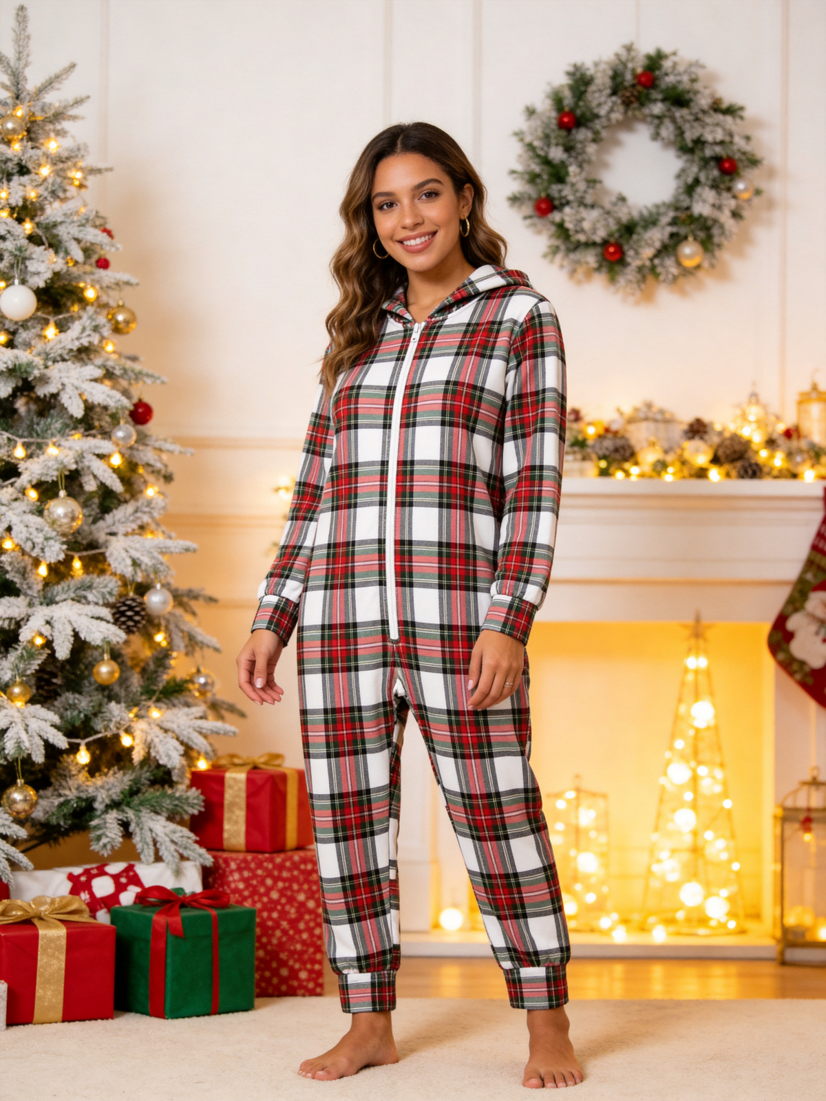 Family Matching Zip-Up Loungewear with Hood - White Tartan Plaid Christmas Sleepwear Hooded Onesie