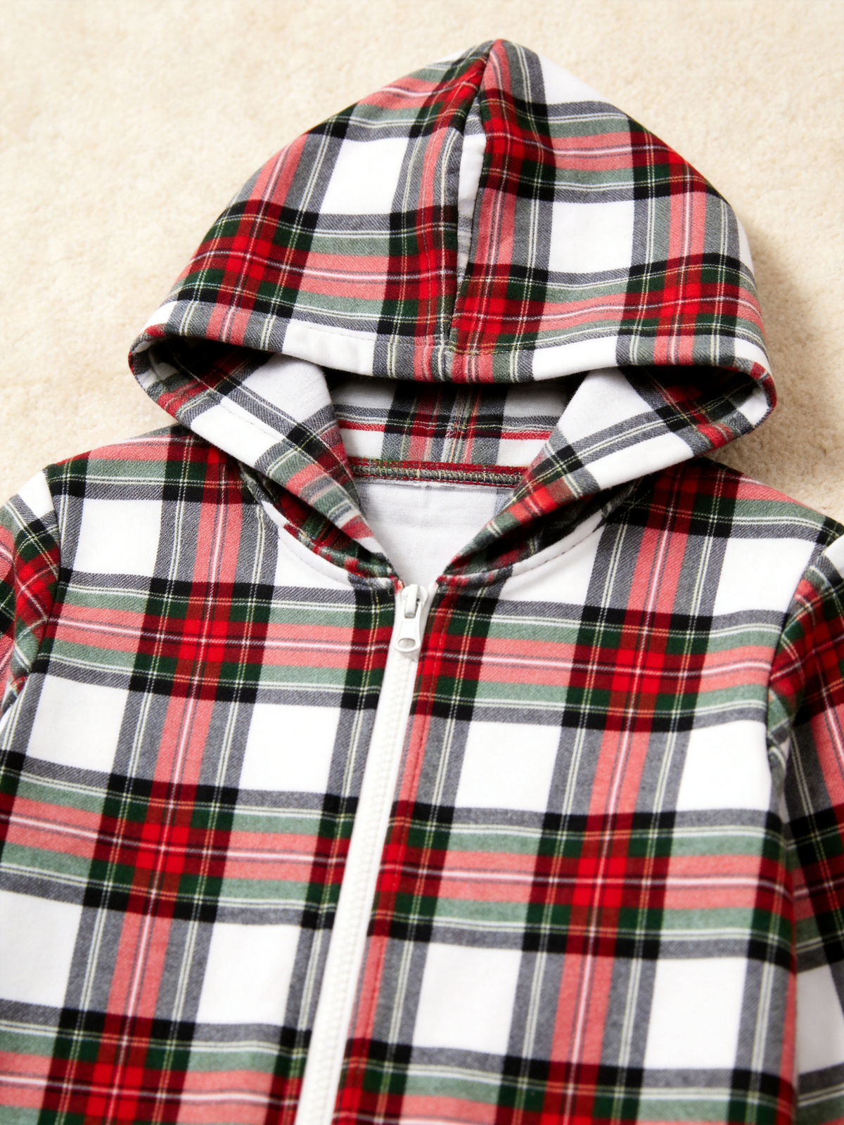 Women Zip-Up Loungewear with Hood - White Tartan Plaid Christmas Sleepwear Hooded Onesie