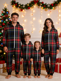 Family Matching Zip-Up Loungewear with Hood - Black Tartan Plaid Holiday Jumpsuit Hooded Onesie
