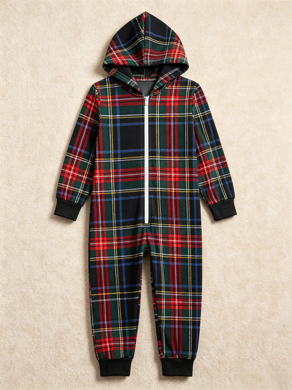 Women Zip-Up Loungewear with Hood - Black Tartan Plaid Holiday Jumpsuit Hooded Onesie