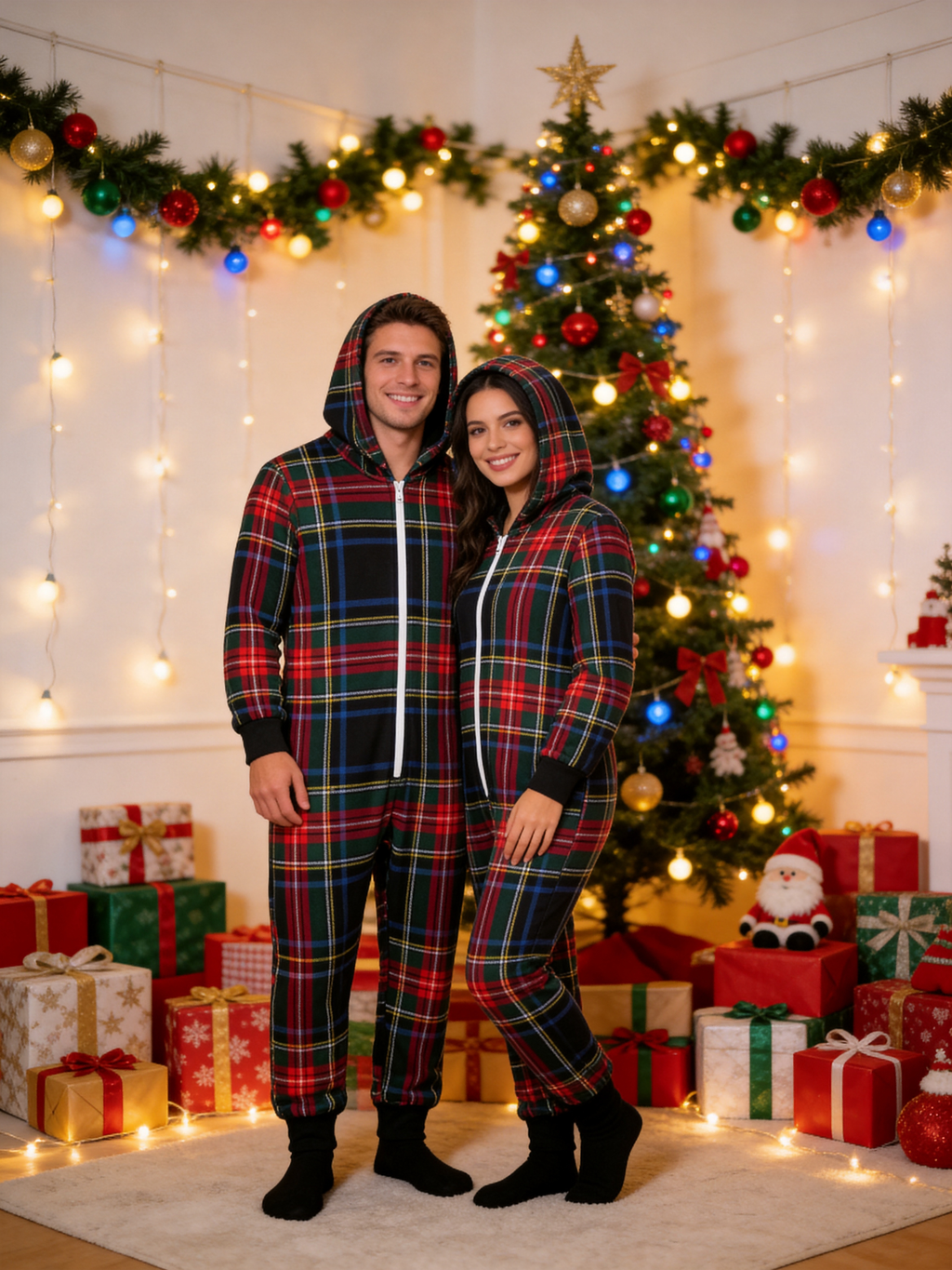 Family Matching Zip-Up Loungewear with Hood - Black Tartan Plaid Holiday Jumpsuit Hooded Onesie
