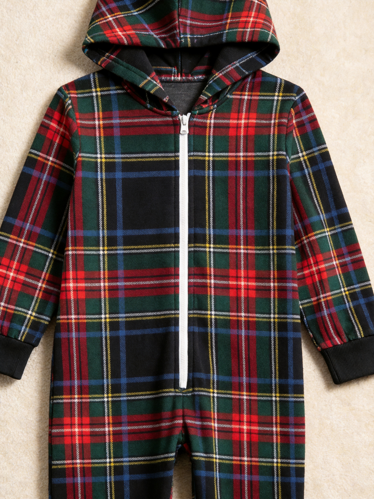 Women Zip-Up Loungewear with Hood - Black Tartan Plaid Holiday Jumpsuit Hooded Onesie