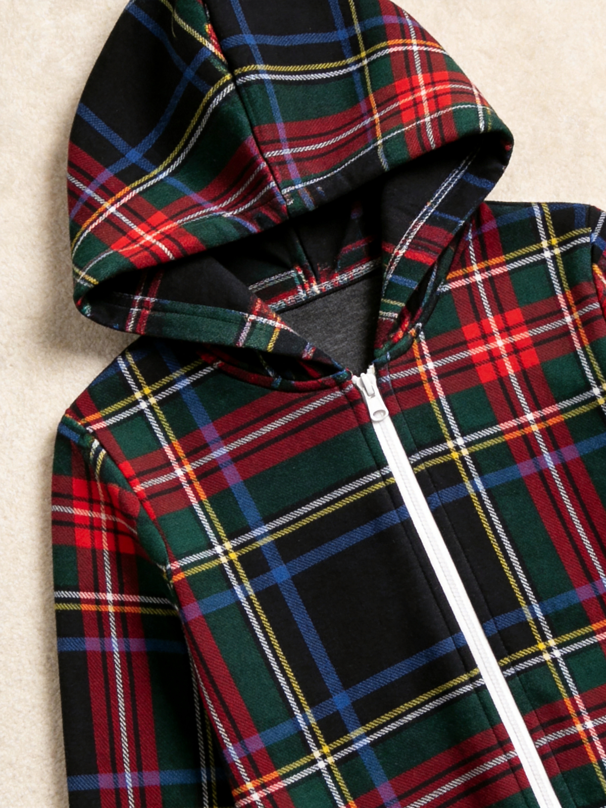 Women Zip-Up Loungewear with Hood - Black Tartan Plaid Holiday Jumpsuit Hooded Onesie