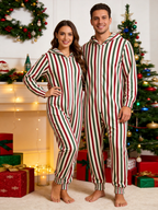 Women Zip-Up Loungewear with Hood - Candy Cane Striped Christmas Pajamas Hooded Onesie