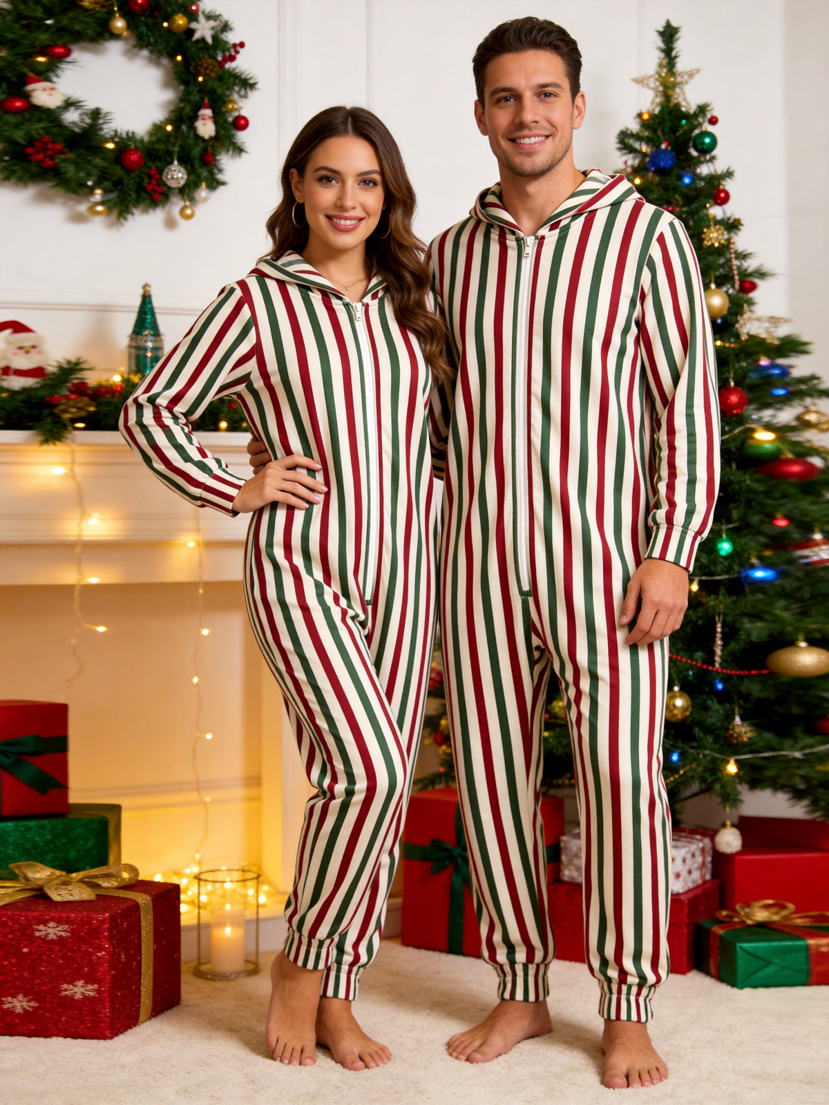 Women Zip-Up Loungewear with Hood - Candy Cane Striped Christmas Pajamas Hooded Onesie