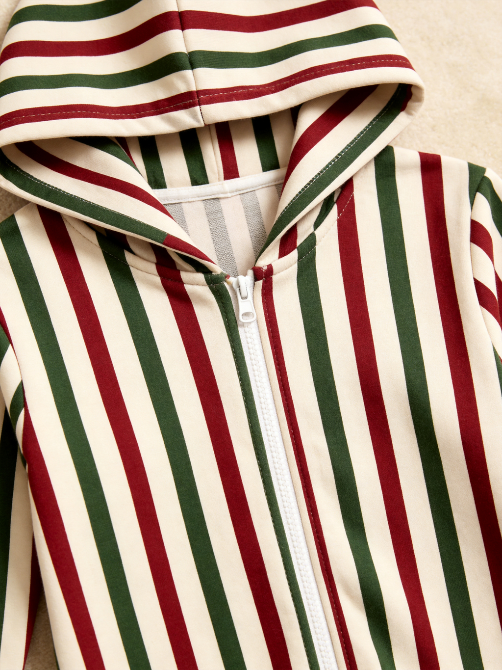 Women Zip-Up Loungewear with Hood - Candy Cane Striped Christmas Pajamas Hooded Onesie