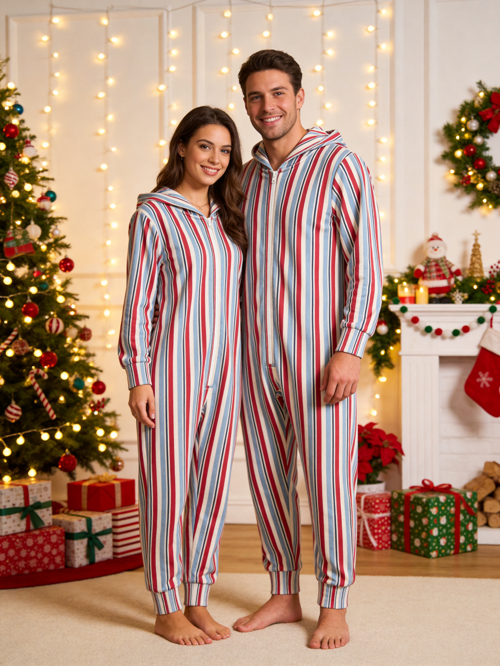 Women Zip-Up Loungewear with Hood - Classic Striped Winter Romper Hooded Onesie