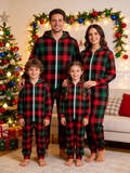 Family Matching Zip-Up Loungewear with Hood - Red & Green Buffalo Plaid Holiday Pajamas Hooded Onesie