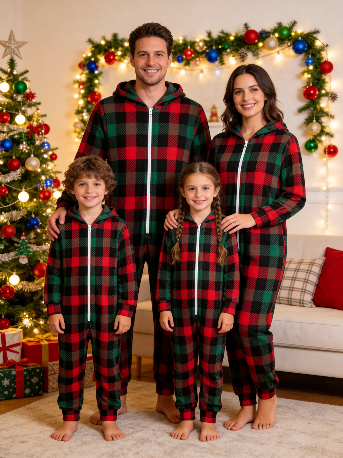Family Matching Zip-Up Loungewear with Hood - Red & Green Buffalo Plaid Holiday Pajamas Hooded Onesie
