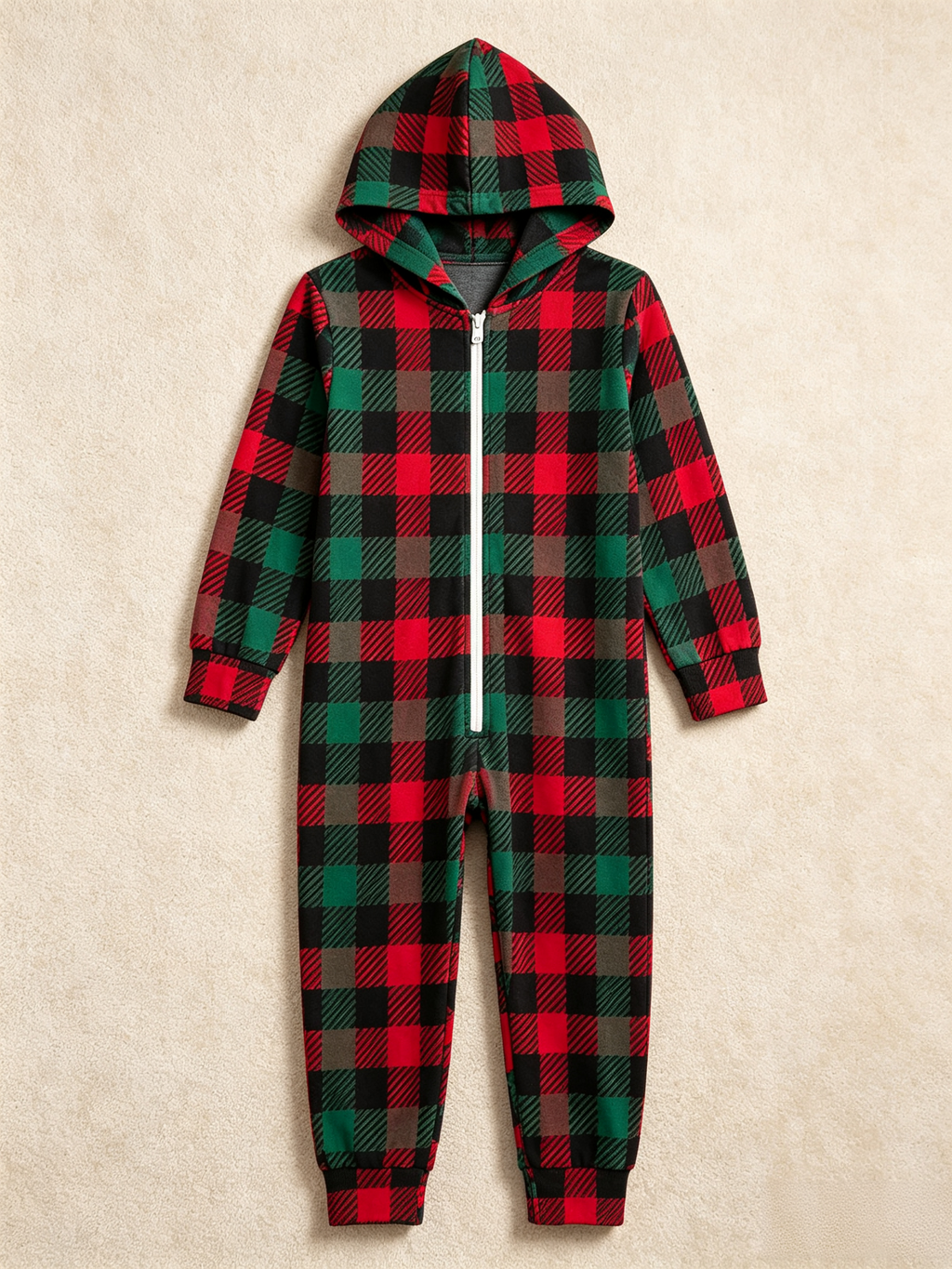 Family Matching Zip-Up Loungewear with Hood - Red & Green Buffalo Plaid Holiday Pajamas Hooded Onesie
