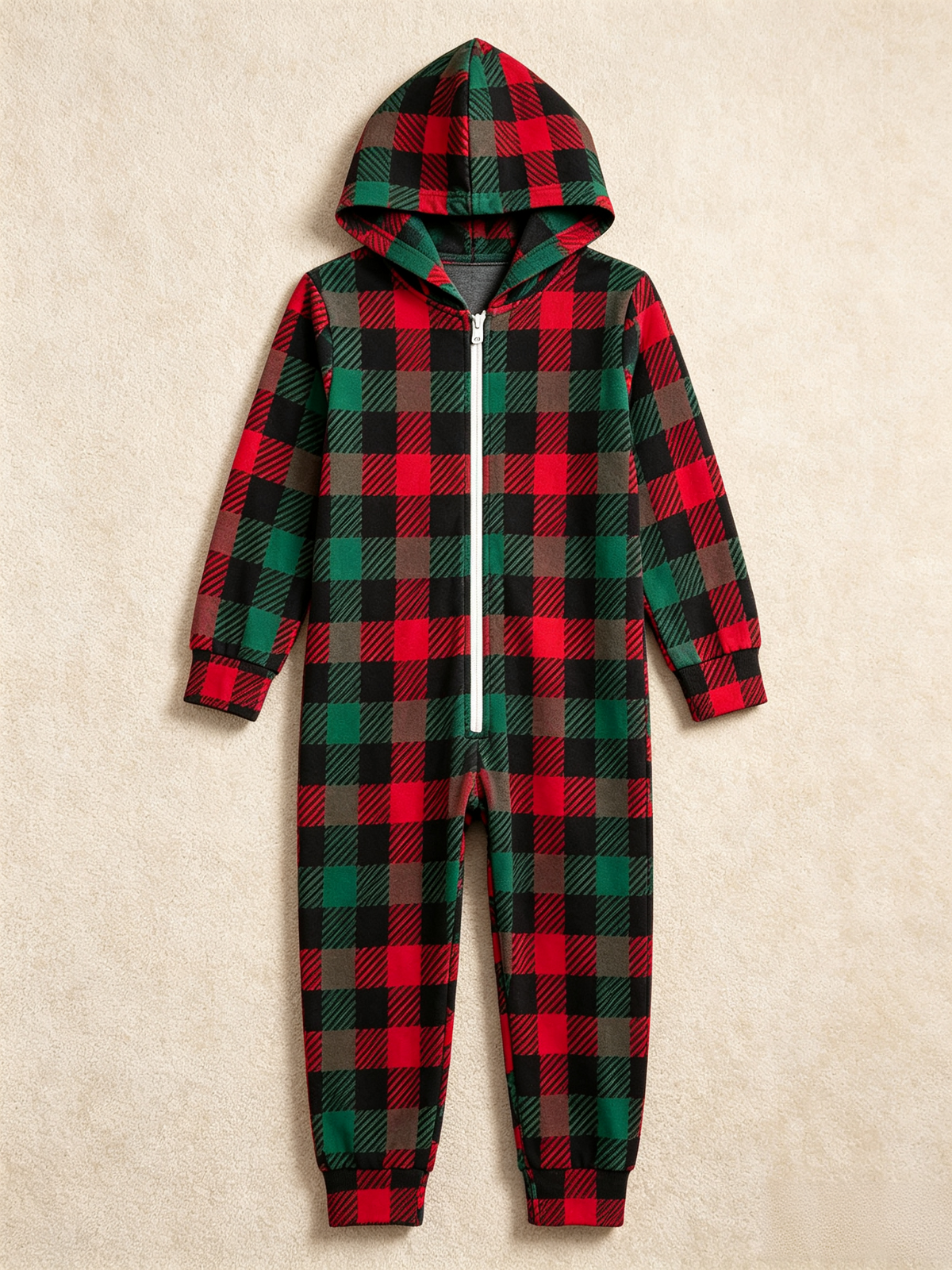 Women Zip-Up Loungewear with Hood - Red & Green Buffalo Plaid Holiday Pajamas Hooded Onesie