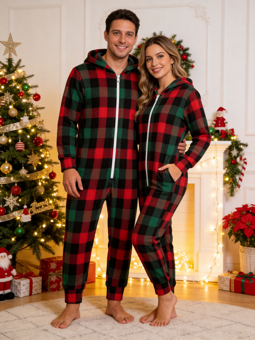 Family Matching Zip-Up Loungewear with Hood - Red & Green Buffalo Plaid Holiday Pajamas Hooded Onesie