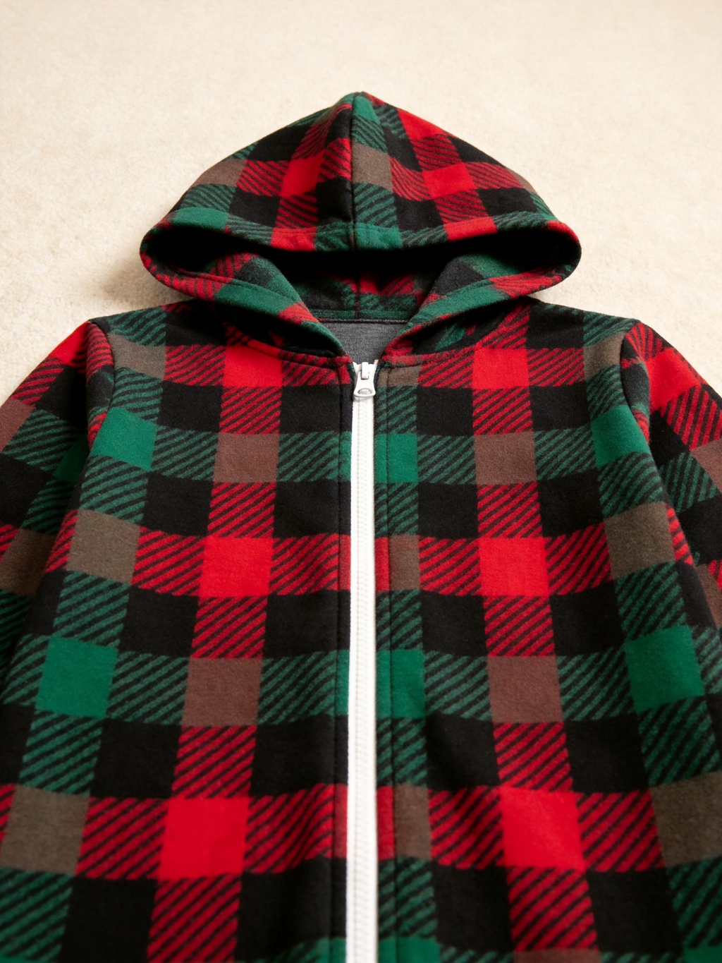 Family Matching Zip-Up Loungewear with Hood - Red & Green Buffalo Plaid Holiday Pajamas Hooded Onesie