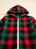 Family Matching Zip-Up Loungewear with Hood - Red & Green Buffalo Plaid Holiday Pajamas Hooded Onesie