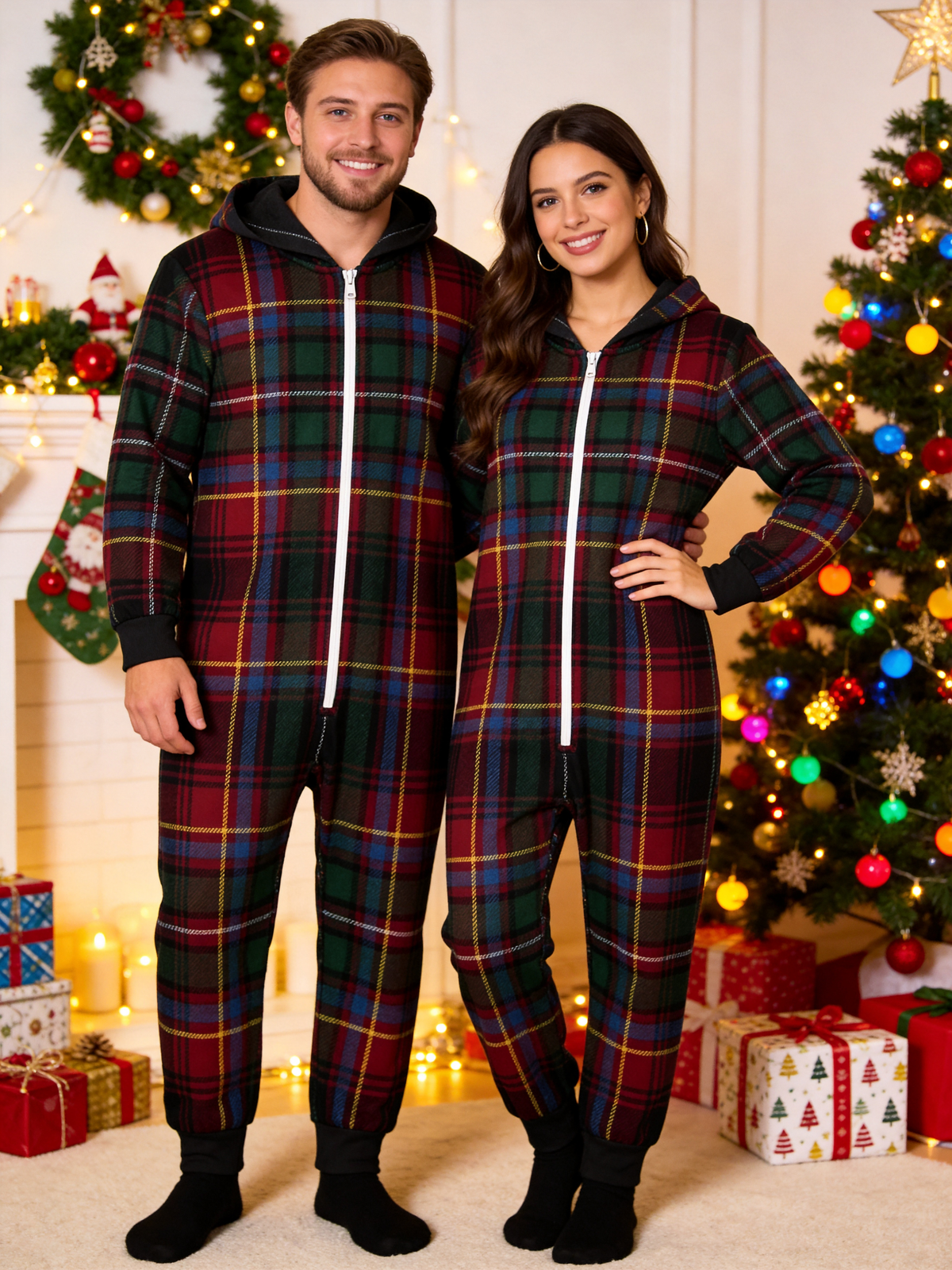Family Matching Zip-Up Loungewear with Hood - Traditional Tartan Plaid Sleepwear Jumpsuit Hooded Onesie