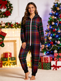 Women Zip-Up Loungewear with Hood - Traditional Tartan Plaid Sleepwear Jumpsuit Hooded Onesie