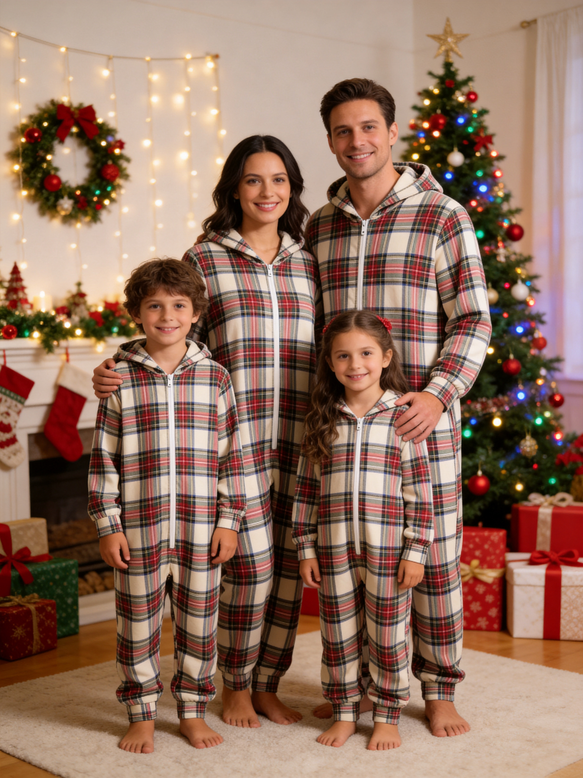 Women Zip-Up Loungewear with Hood - Cream Plaid Winter Holiday Romper Hooded Onesie