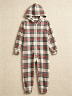 Family Matching Zip-Up Loungewear with Hood - Cream Plaid Winter Holiday Romper Hooded Onesie