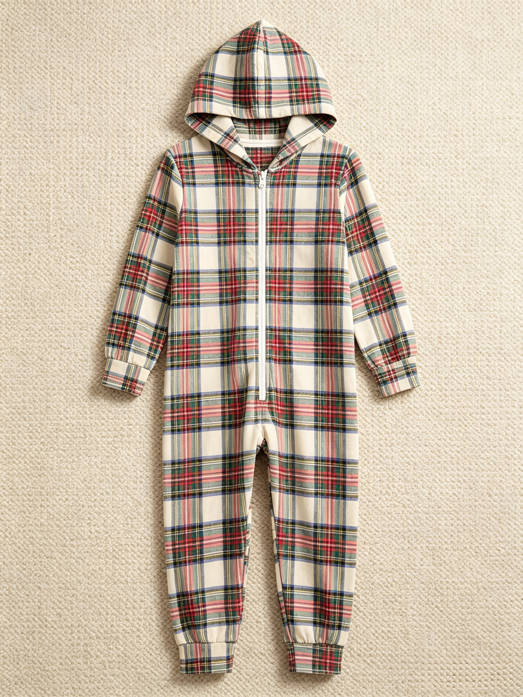 Women Zip-Up Loungewear with Hood - Cream Plaid Winter Holiday Romper Hooded Onesie