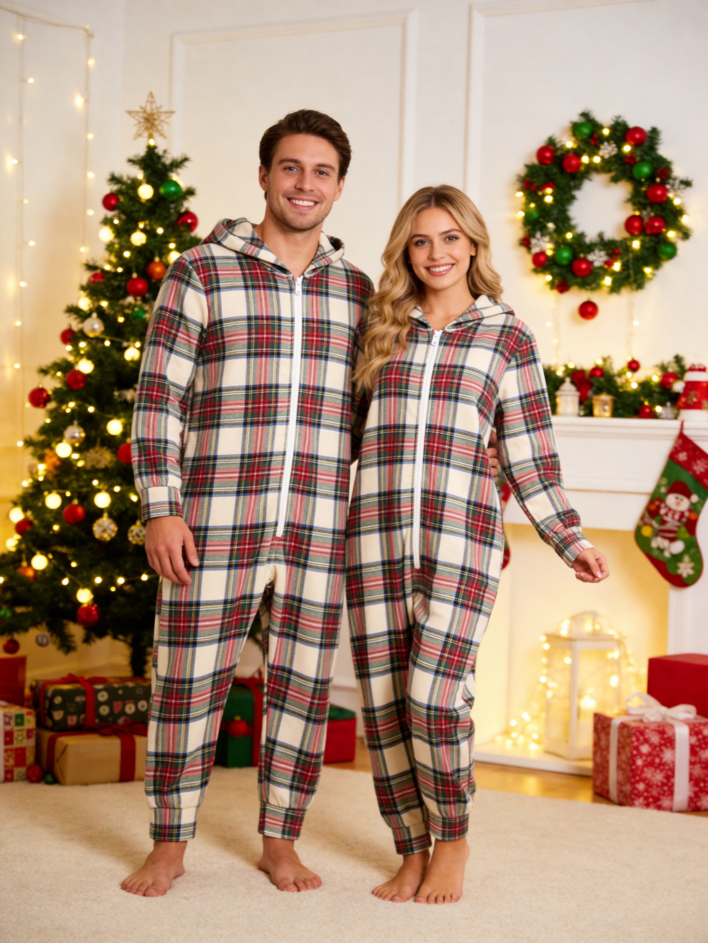 Women Zip-Up Loungewear with Hood - Cream Plaid Winter Holiday Romper Hooded Onesie
