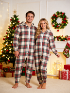 Women Zip-Up Loungewear with Hood - Cream Plaid Winter Holiday Romper Hooded Onesie