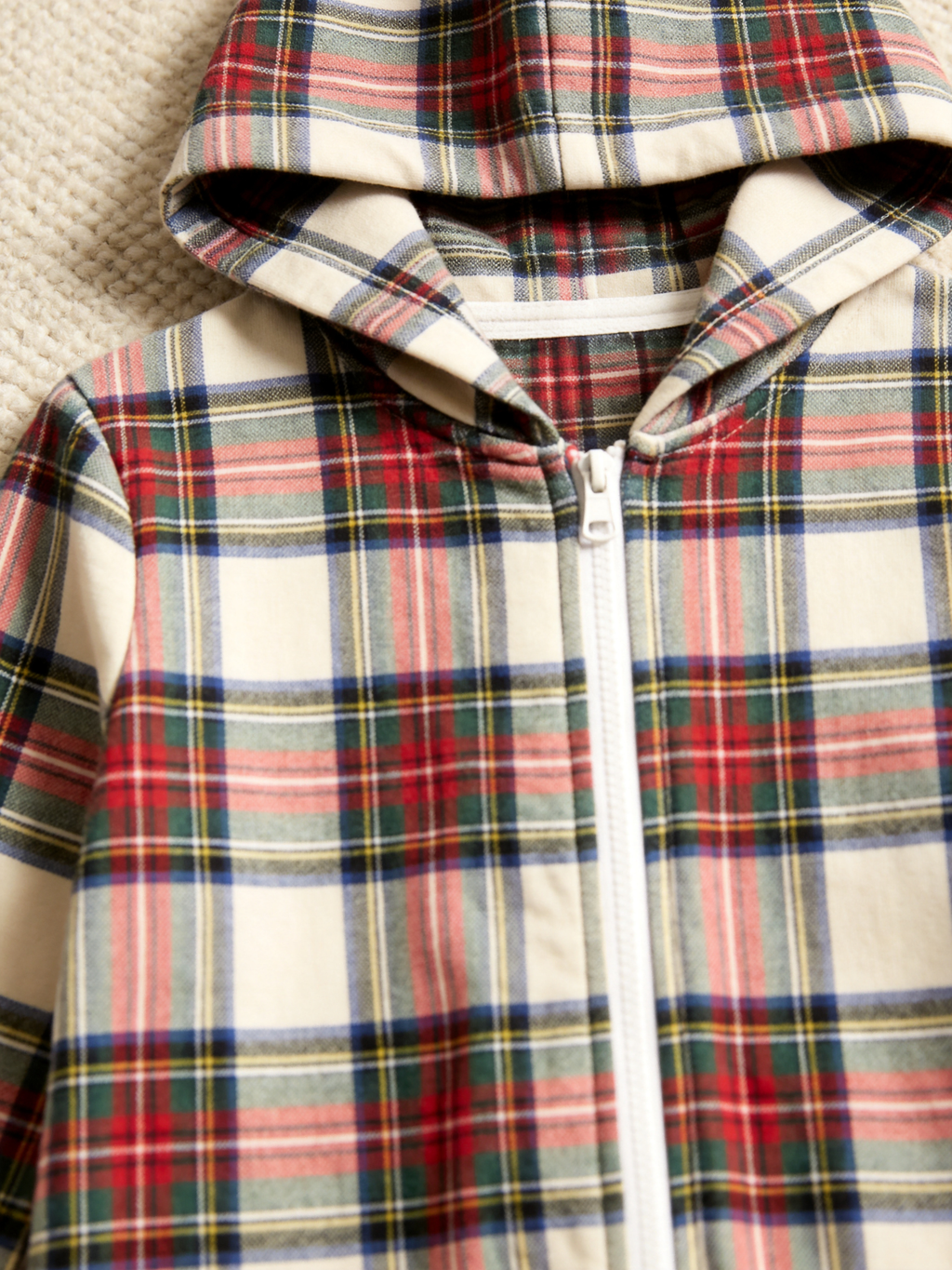 Family Matching Zip-Up Loungewear with Hood - Cream Plaid Winter Holiday Romper Hooded Onesie