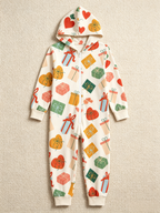 Family Matching Zip-Up Loungewear with Hood - Christmas Gift Boxes & Hearts Print Pajamas Hooded Onesie