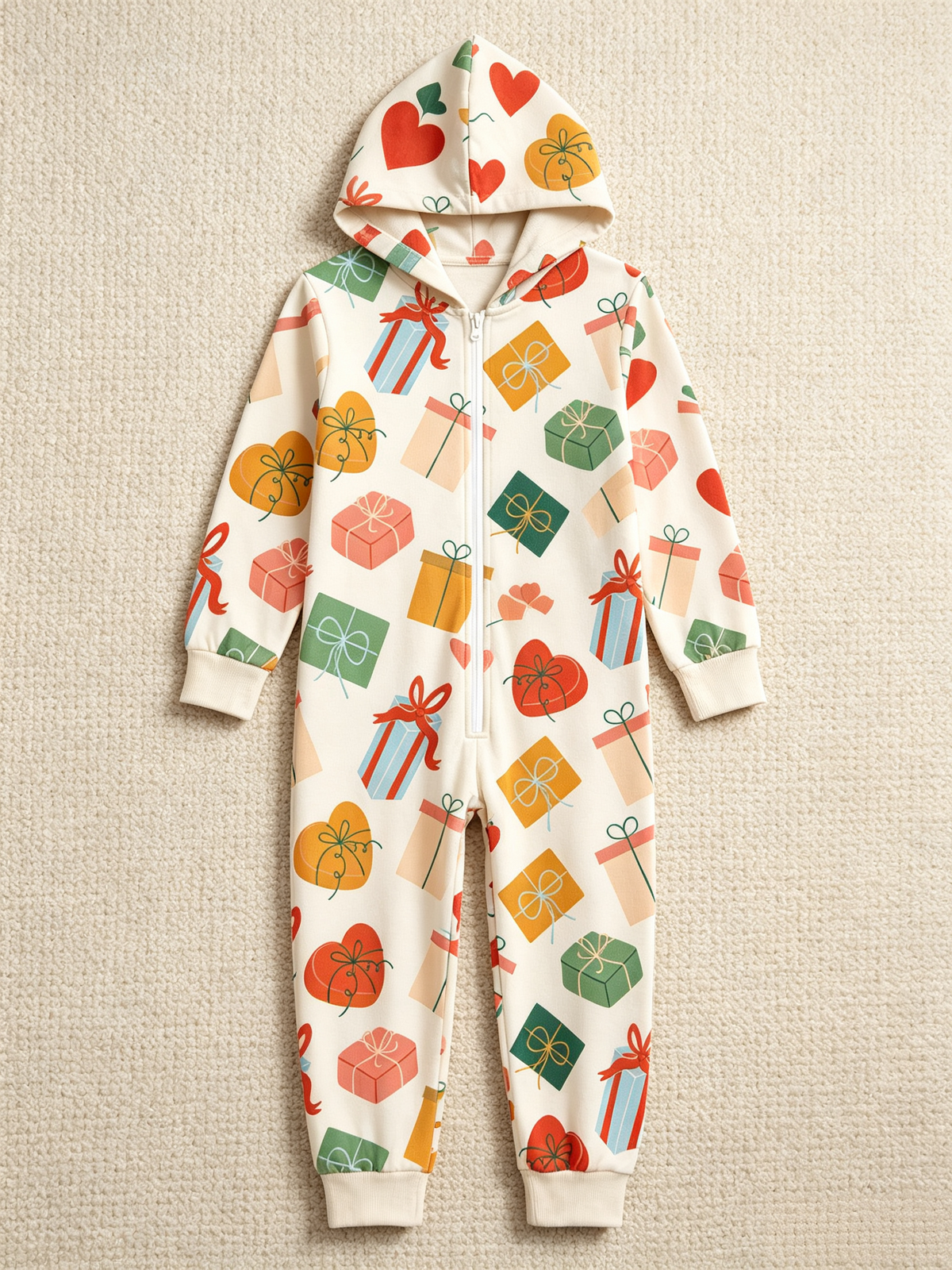 Women Zip-Up Loungewear with Hood - Christmas Gift Boxes & Hearts Print Pajamas Hooded Onesie